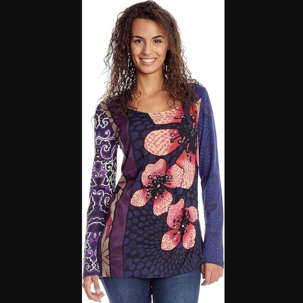 Desigual Tres Flores Purple Pink Pleated Hip Sequin Long Sleeve T-Shirt women S